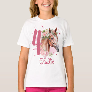 Födelsedagsflicka 4 år Häst Pastell Rosa Fyra År T Shirt
