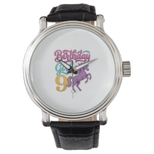 Födelsedagsflicka 9 Enhörning Vintage Gravyr Desig Armbandsur
