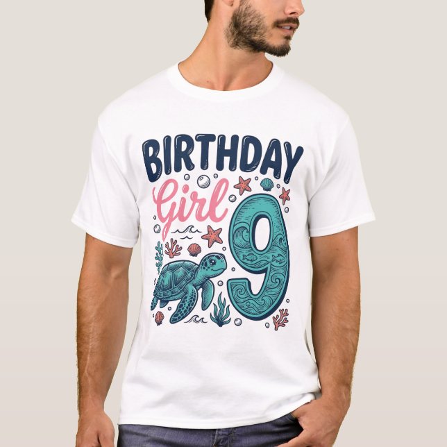 Födelsedagsflicka 9 Havssköldpadda Vintage Vector  T Shirt (Framsida)