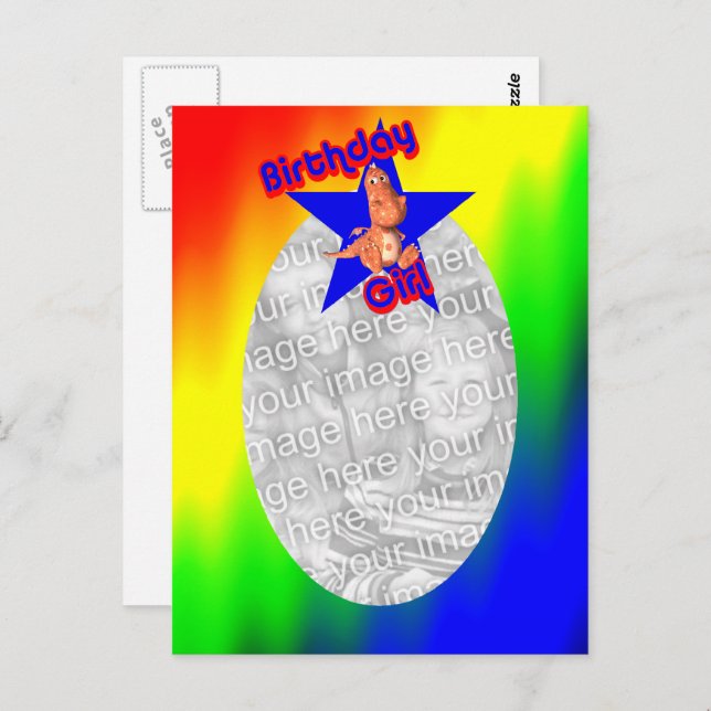 Födelsedagsflicka Dinosaur Cute Foto Kort (Fram/baksida)