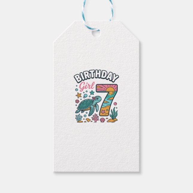 Födelsedagsflicka Havssköldpadda 7-årsdag Vektor D Presentetikett (Framsidan)