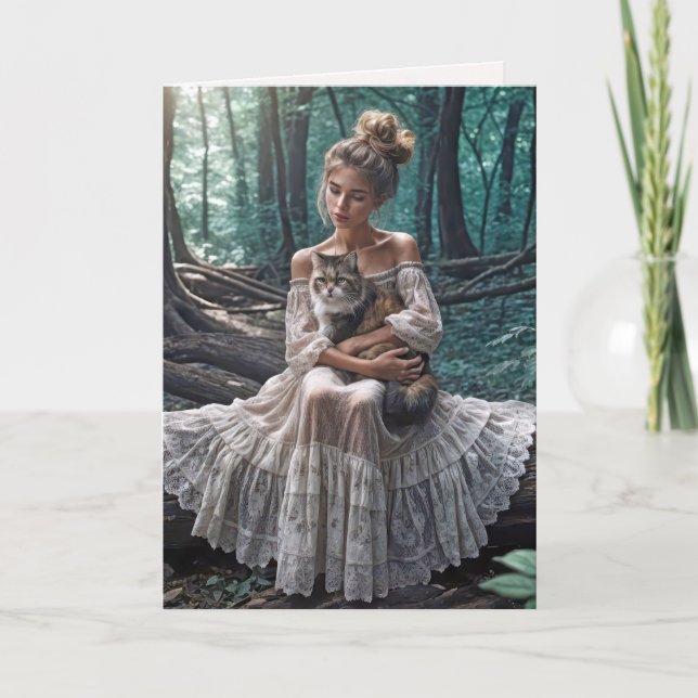 Födelsedagsflicka i Skogen med katt Kort (Framsida)