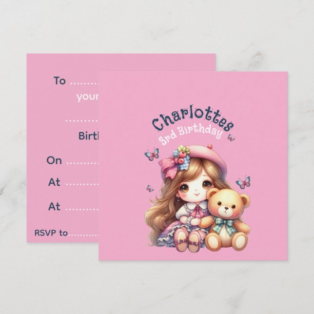 Födelsedagsflicka Personlig Pappers Tallrik Inbjudningar (Fram/baksida)