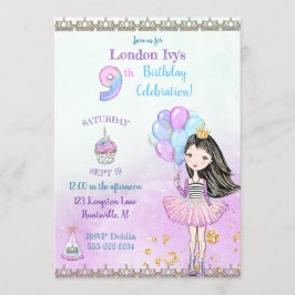 Födelsedagsflicka prinsessa Cupcake Ballonger 9 år Inbjudningar