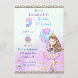 Födelsedagsflicka prinsessa Cupcake Ballonger 9 år Inbjudningar