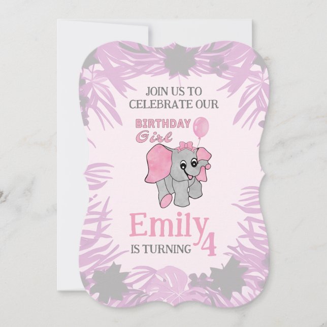 Födelsedagsflicka Rosa Baby Elefant   Inbjudningar (Framsida)