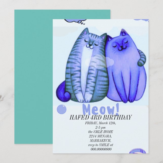 födelsedagsflickor, kattflickor katter kattungad s inbjudningar (Fram/baksida)