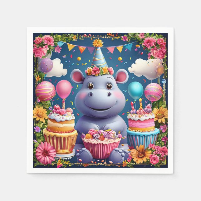 Födelsedagsflodhäst med tårta och ballonger pappersservett (Framsidan)