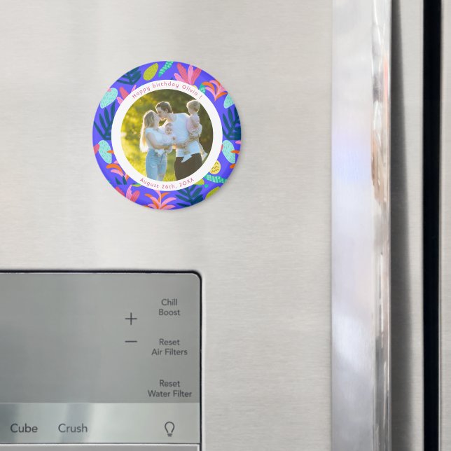 Födelsedagsfoto färgglatt modernt blommigt blått k magnet (In Situ (Fridge))