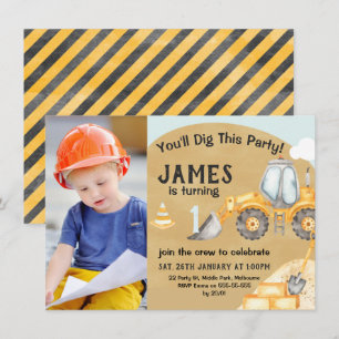 Födelsedagsfoto för pojkar Grävare 1-årsdag Inbjudningar