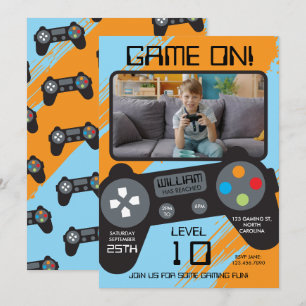 Födelsedagsfoto för Video Game Blue Orange Cool Bo Inbjudningar