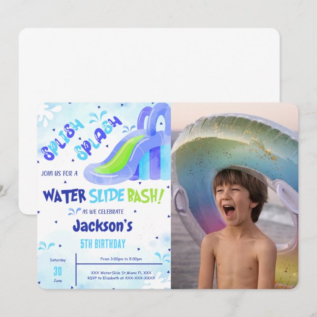 Födelsedagsfotoinbjudan till vattenrutschbana inbjudningar (Fram/baksida)
