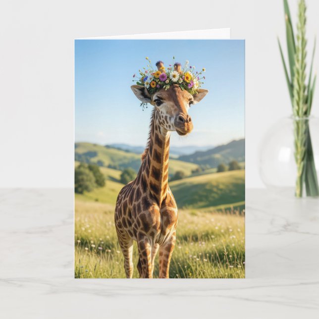 Födelsedagsgiraff med blomkrona kort (Framsida)