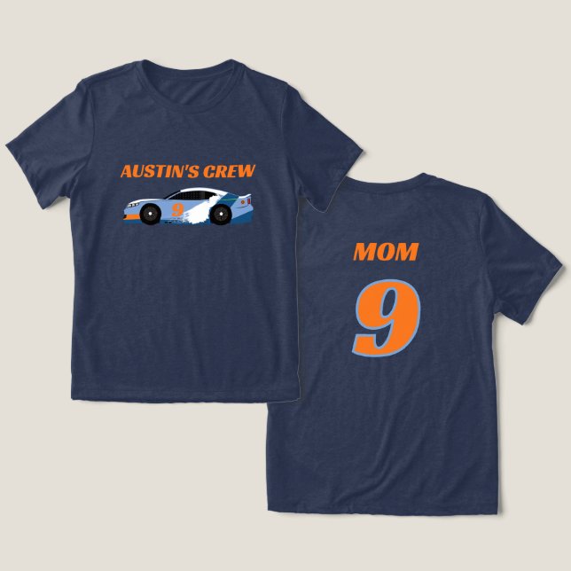 Födelsedagsgrabbens mamma racing crew t shirt (Design fram och bak)