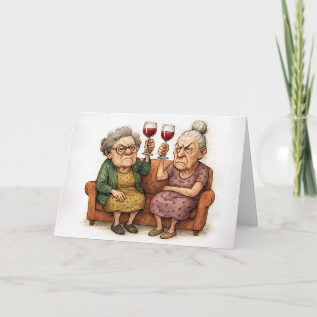 Födelsedagsgrälska gamla damer med rött vin kort (Framsida)