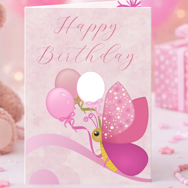 Födelsedagsgratulationer med Rosa Fjäril och Ballo Kort (Birthday wishes in pink. A cheerful butterfly card with balloons and elegant script. Custom message.)