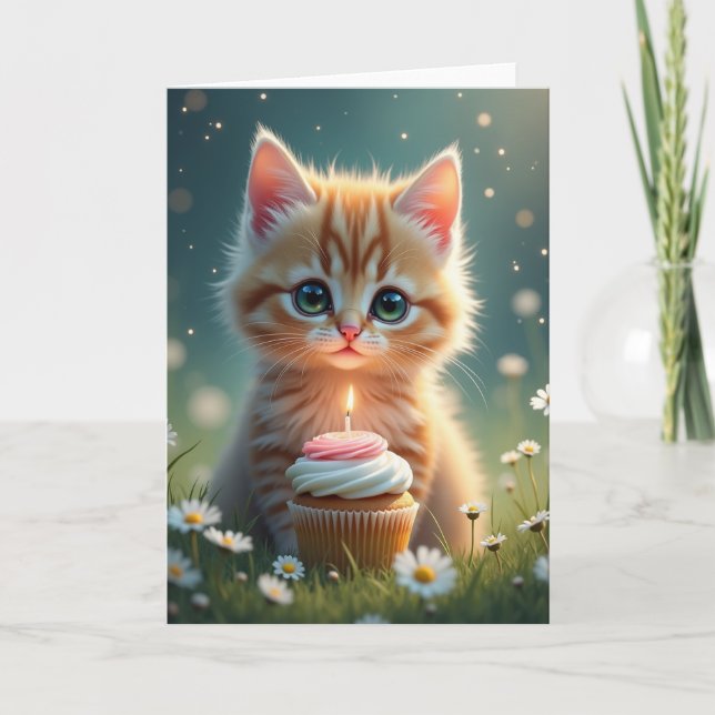 Födelsedagsgratulationskort för kattunge och cupca kort (Framsida)