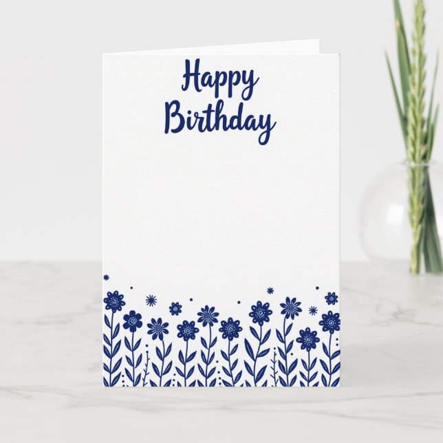 Födelsedagsgratulationskort i blomsterindigo kort (Framsida)