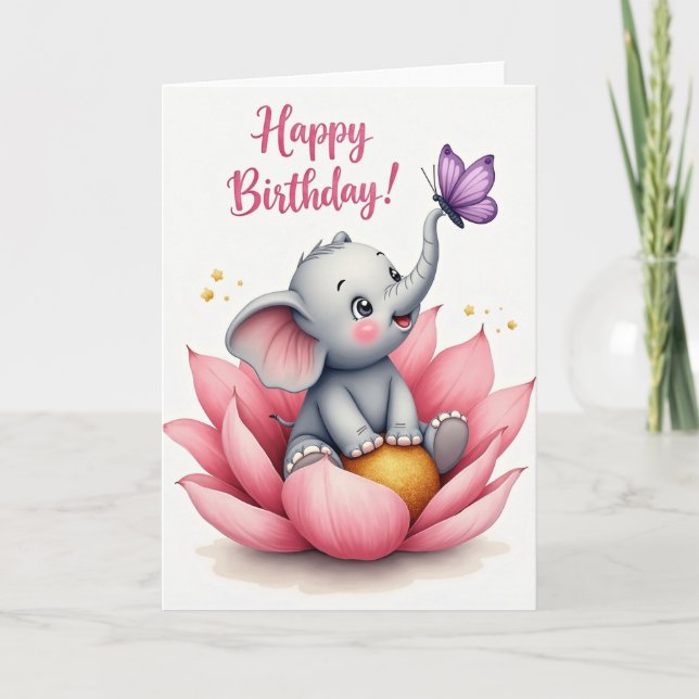 Födelsedagsgratulationskort med blommig elefant kort (Framsida)