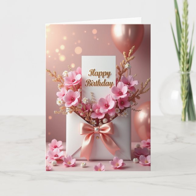 Födelsedagsgratulationskort med rosa persikobåge kort (Framsida)