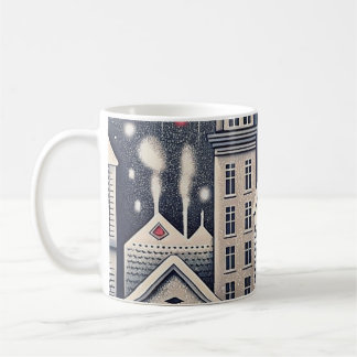 Födelsedagsgratulationskort med stadssilhuett och kaffemugg