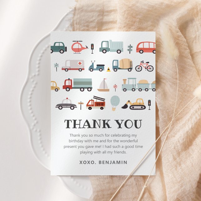 Födelsedagsgratulationskort med transporttema tack kort (Modern Transportation birthday thank you card)
