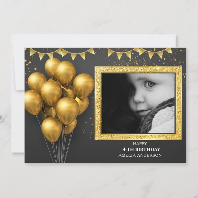 Födelsedagsguld Silver Svarta Ballonger Inbjudningar (Framsida)