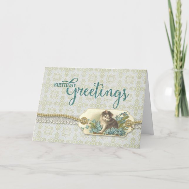 Födelsedagshälsningar Vintage Kattunge märkre Kort (Framsida)