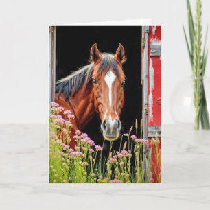 Födelsedagshäst i Barn Door med vilda blommor Kort