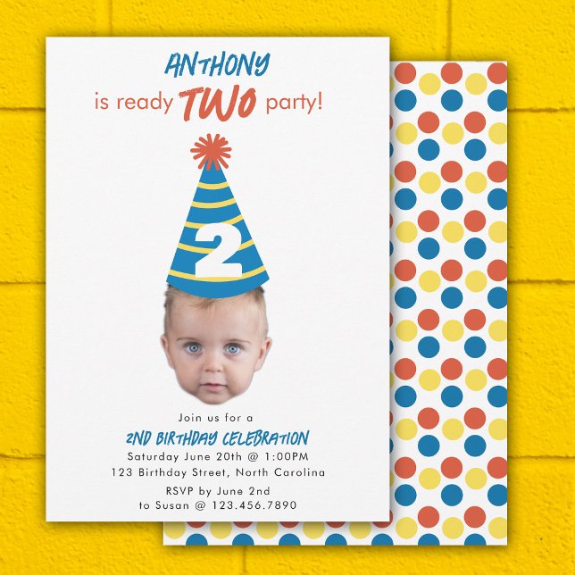 Födelsedagsinbjudan 2:a Födelsedagsbarn Ansikte Fo Inbjudningar (Birthday Invite 2nd Two Birthday Baby Face Photo)
