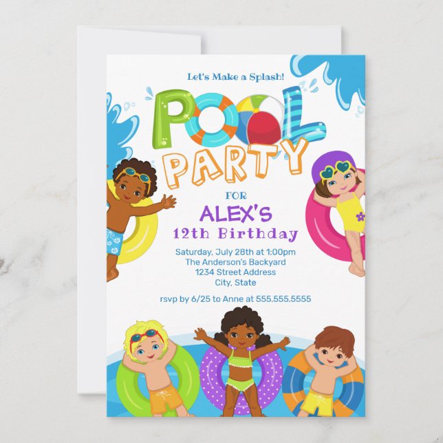 Födelsedagsinbjudan Boy Girl Bassäng Party 12:e Inbjudningar (Framsida)