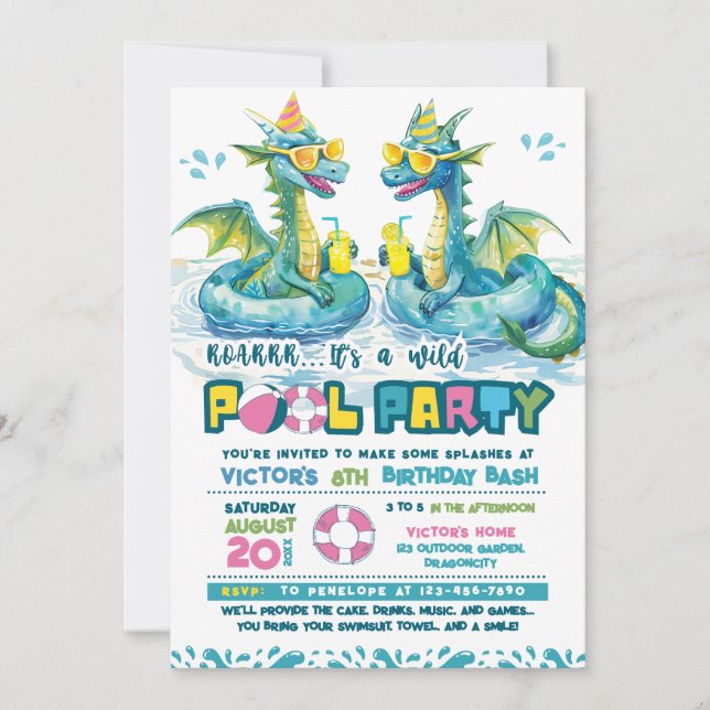 Födelsedagsinbjudan Dragon Roligt Bassäng Party Inbjudningar (Framsida)