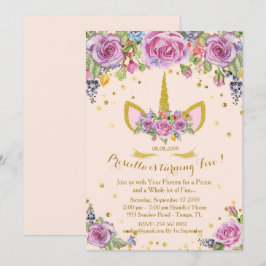 Födelsedagsinbjudan flicka,Unicorn,blommor,rosa Inbjudningar