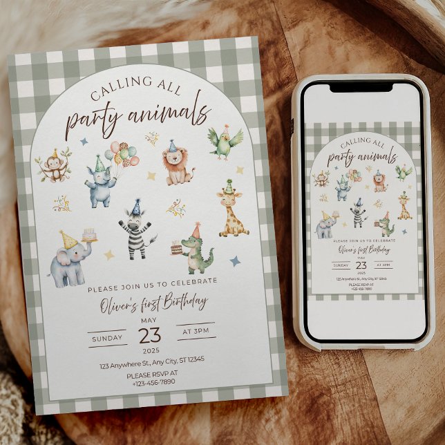 Födelsedagsinbjudan för alla festdjur  inbjudningar (Wild One first birthday parties
Safari birthday celebrations
Jungle animal themed birthdays
Baby boy)