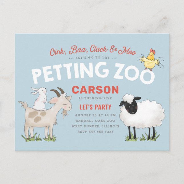 Födelsedagsinbjudan för barn - gris, får, häst, ko vykort (Framsida)