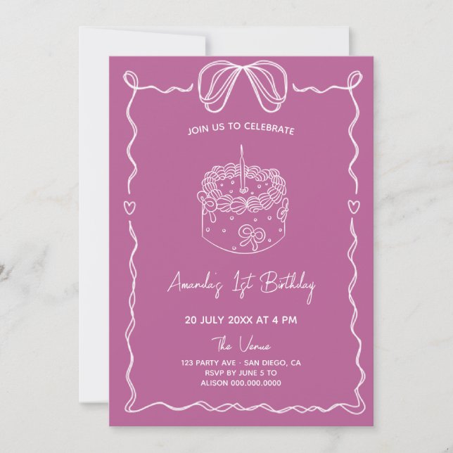 Födelsedagsinbjudan för flickor - Girly Bow Cake v Inbjudningar (Framsida)