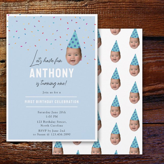 Födelsedagsinbjudan för pojke 1-års födelsedagsbar inbjudningar (Boy Birthday Invite 1st Birthday Baby Face Photo)