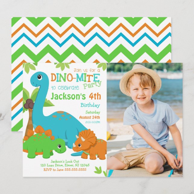 Födelsedagsinbjudan för pojke dinosaurie / Dino-fe Inbjudningar (Fram/baksida)
