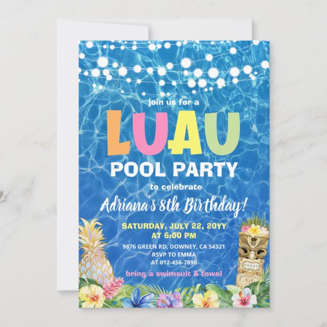 Födelsedagsinbjudan Hawaiian Luau Bassäng Party Inbjudningar (Framsida)