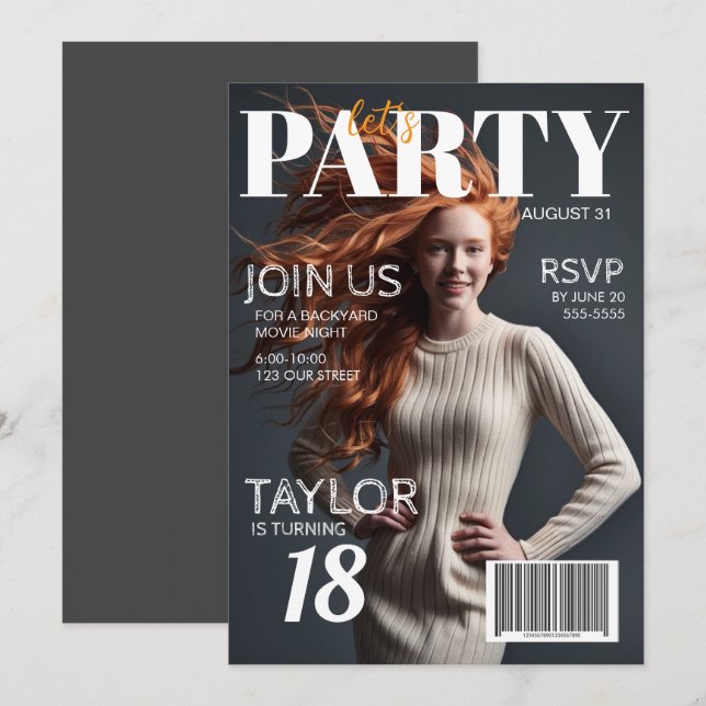 Födelsedagsinbjudan i foto-magasinsstil 18 år inbjudningar (Fram/baksida)