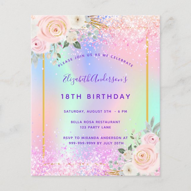 Födelsedagsinbjudan i rosa lila glitter med blommo flygblad (Framsidan)