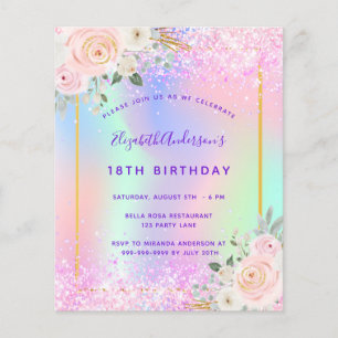 Födelsedagsinbjudan i rosa lila glitter med blommo flygblad