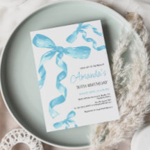 Födelsedagsinbjudan med blå coquette-sluss