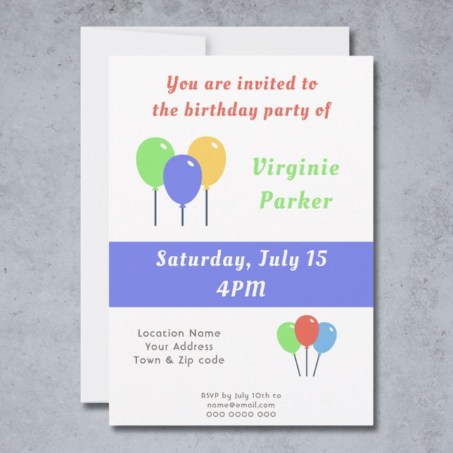 Födelsedagsinbjudan med Färgad-bubblor Inbjudningar (Birthday Invitation with Colored Balloons - Back)