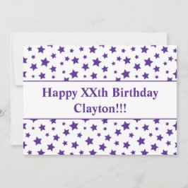 Födelsedagsinbjudan med lila stjärnor och meddelan inbjudningar