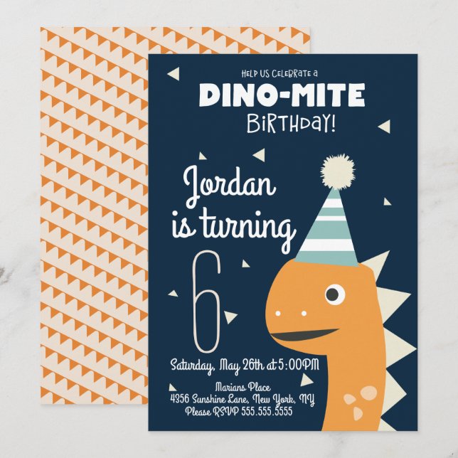 Födelsedagsinbjudan med orange dinosaurkonfetti inbjudningar (Fram/baksida)