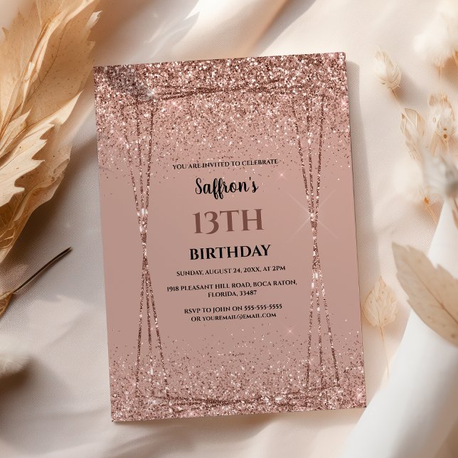 Födelsedagsinbjudan med rosa guld glittereffekt inbjudningar (Skapare uppladdad)