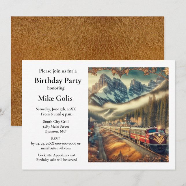 Födelsedagsinbjudan med vintage akvarell tåg inbjudningar (Fram/baksida)