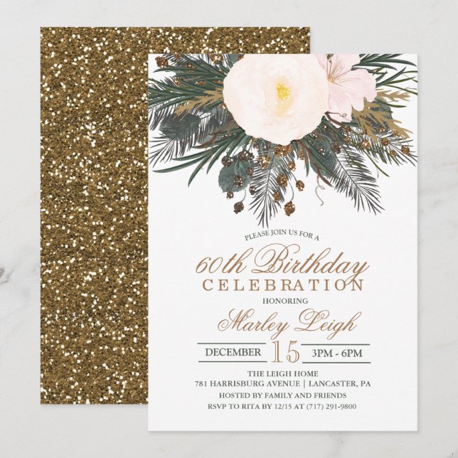 Födelsedagsinbjudan med vinterblommor och glitter  inbjudningar (Fram/baksida)