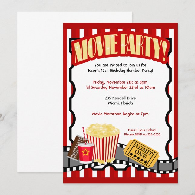 Födelsedagsinbjudan MOVIE PARTY Biljett *Uppdatera Inbjudningar (Fram/baksida)